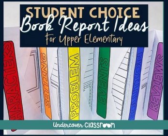 Student Choice Book Report Ideas for Upper Elementary Facebook image with a picture of the accordion envelope book report