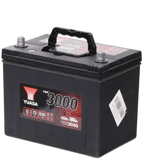 YUASA YBX3030 YBX3000 Autobaterie 12V 72Ah 630A s úchyty, s ukazatelem stavu nabití, Olověná kyselinová baterie