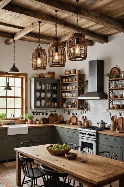 a kitchen filled with lots of wooden furniture and hanging lights over the stove top oven