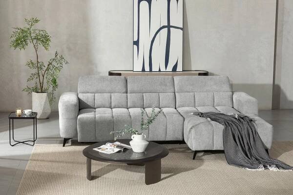 Sedací souprava MELBOURNE, pravá, šedá žinylka - šedá/černá, Moderní, kov/dřevo (285/75/103/182cm) - Based