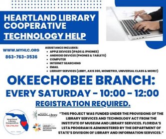 Looking for assistance with your technology needs? Sign up for a one-on-one session with Librarians to receive basic help on a variety of tech including iPads, Androids, computer basics, email, internet searching, and digital Library services! Call 863-763-3536 for more details and to register.