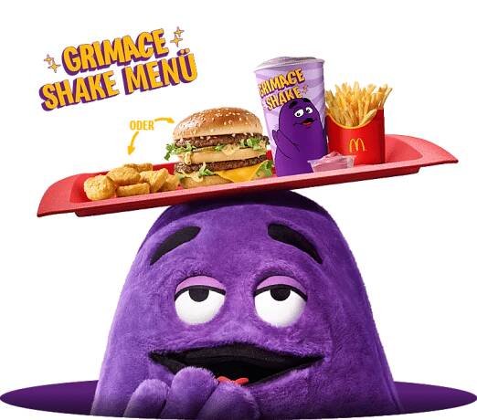 Grimace präsentiert das Grimace Shake Menü mit Burger, Pommes und Getränk.