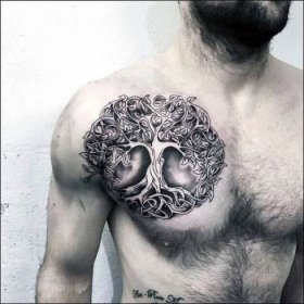 Tetování "Strom života": význam stromu Yggdrasil, příklady tetovacích náčrtů, tetování stromu v kruhu na paži a na zádech