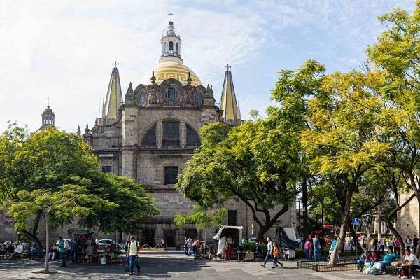 View of the Guadalajara Cathedral from Plaza de la Liberacion in Guadalajara, Jalisco, Mexico.