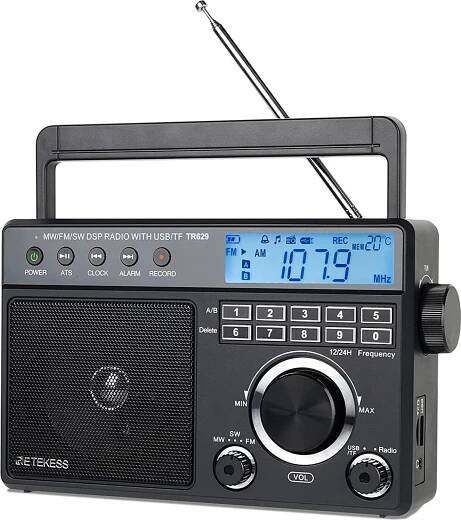 Retekess TR629 Přenosné rádio, nouzové rádio AM FM SW World Receiver s DSP, podporuje U disk/SD kartu, hodiny, budík, rádio na baterie, dárky pro seniory