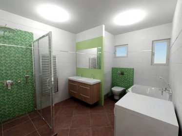 koupelna - bílá matná, MIX mozaika zelená, hnědá dlažba