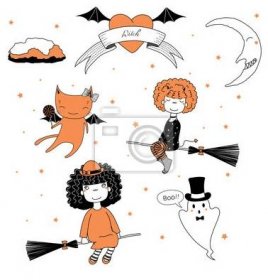 Ručně kreslené vektorové ilustrace legrační roztomilé kreslené čarodějnice dívky, létání na koštěti, kočka s lízátko, duch v horní klobouk, text na stuze, srdce, měsíc a hvězdy. Design koncepce děti, 