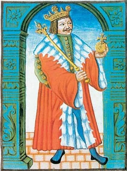 Vyobrazení Jiřího z Poděbrad z roku 1609 v Kronice Přibíka Pulkavy z Radenína