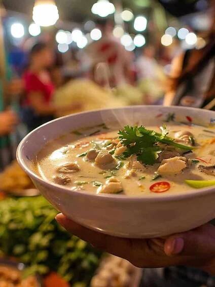 Bowl of coconut chicken soup: creamy coconut broth with tender chicken, mushrooms, lemongrass, kaffir lime leaves, and chili, garnished with cilantro."