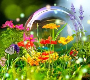 Jarní květiny a motýli v bublině stáhnout