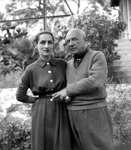 The black-and-white image portrays Françoise Gilot, with Pablo Picasso, in 1951.