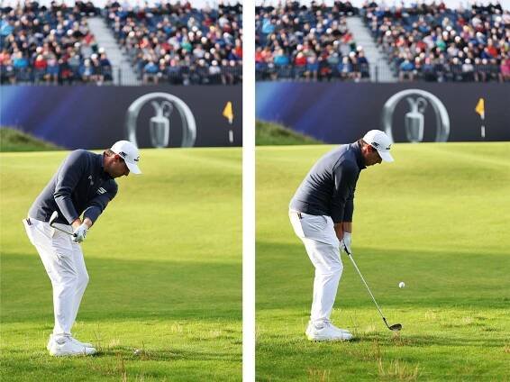 Side-by-side images of Matt Fitzpatrick, in the backswing and at impact when hitting a cross-handed chip shot at the Open Championship at Royal Portrush