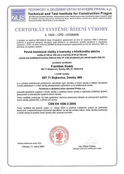 Naše certifikace - Kominictví - Kominík Súdek Bojkovice