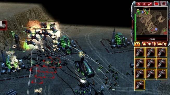 Various sci-fi looking tanks and aircraft battling in an open area next to some cliffs.