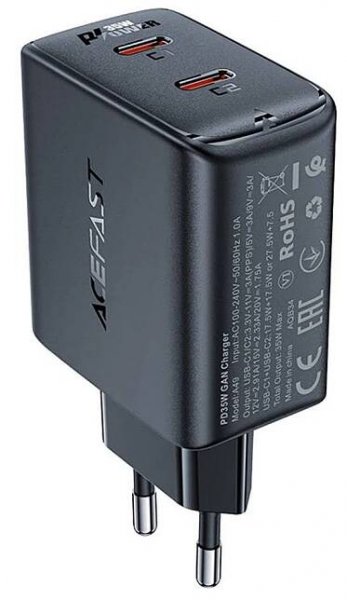 Adaptér - AceFast A49 - 2x USB-C - 35W - Černý