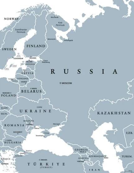 Východní Evropa a západní Asie, šedá politická mapa s hlavními městy a hranicemi. S Černým mořem, Kaspickým mořem, Evropským Ruskem a s částí Střední Asie. Obrázek na bílém pozadí. — Ilustrace