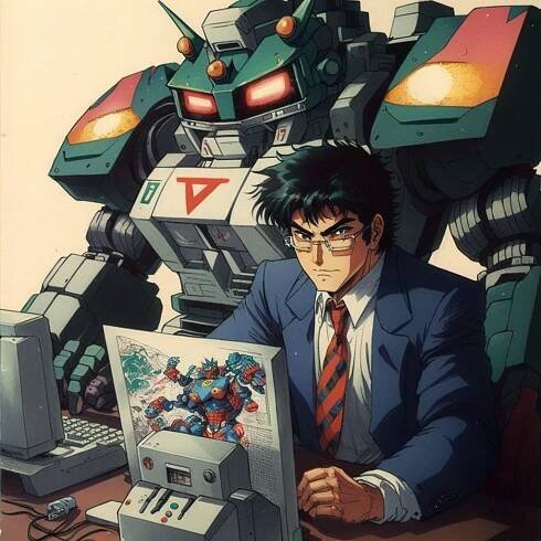 Mangaka at work thinking a mecha robot