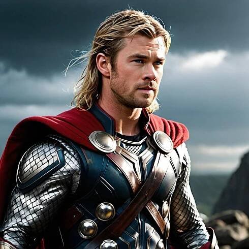 High-resolution photo of Chris Hemsworth, in Thor costume, looking heroic.