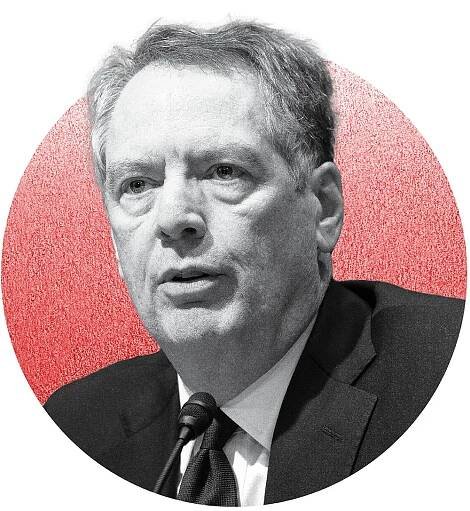 A black and white headshot of Robert Lighthizer inside a red circle.