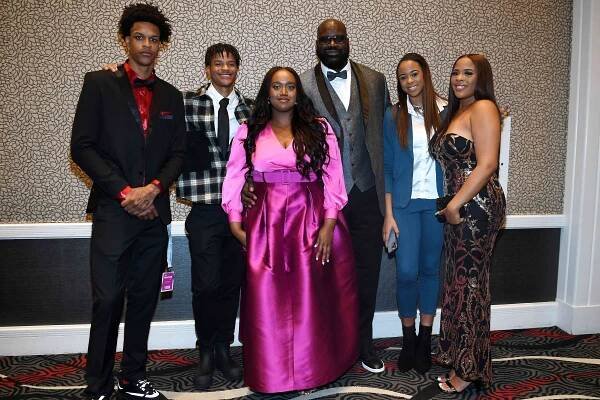 Shaquille O'Neal (4th R) and his children attend The Event hosted by the Shaquille O'Neal Foundation at MGM Grand Garden Arena on October 01, 2022 in Las Vegas, Nevada. 