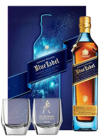 Johnnie Walker Blue Label Gift Pack with Glasses Blended Scotch Whisky 70cl