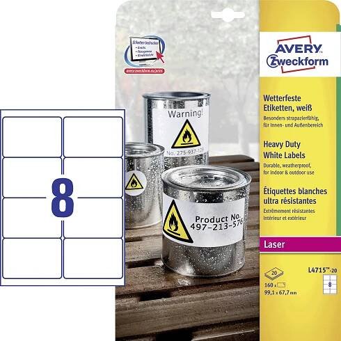 Avery-Zweckform L4715-20 Fóliové etikety 67.7 x 99.1 mm poylesterová fólie bílá 160 ks trvalé barevná laserová tiskárna, laserová tiskárna, barevná kopírka