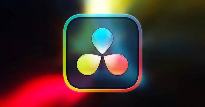 The image shows the DaVinci Resolve logo, which features a rounded square with a dark background and three colorful, teardrop-like shapes in the center, arranged in a triangular pattern. The shapes are blue, yellow, and red, against a blurred, multicolored background.