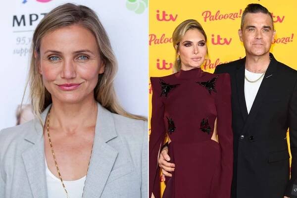 Cameron Diaz attends the MPTF Celebration at The Wasserman Campus on June 10, 2016 in Woodland Hills, California ; Ayda Field and Robbie Williams attend the ITV Palooza! held at The Royal Festival Hall on October 16, 2018 in London, England.