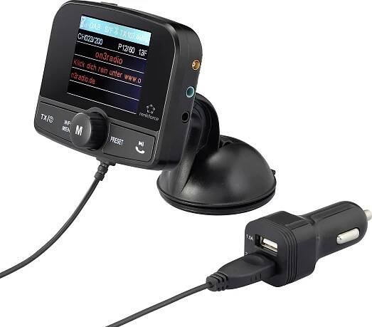 Renkforce RF-CRDAB-100 DAB+ rádio adaptér do auta uchycení přísavkami, streamování hudby přes Bluetooth