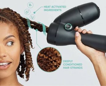Woman with twist outs hairstyle drying her hair with the RevAir dryer, inset closeup showing deeply conditioned hair strands, and icons representing heat activated ingredients 
