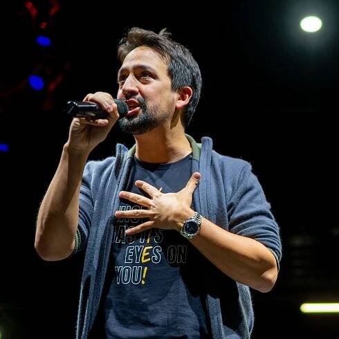 American composer Lin-Manuel Miranda speaks at a 