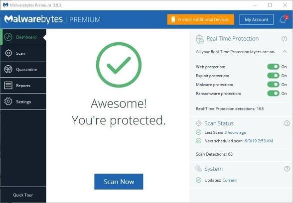 The Malwarebytes main dashboard screen.