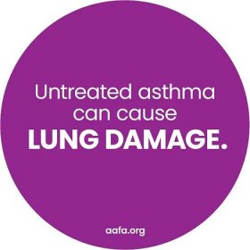 A purple circle with the text untreated asthma can cause lung damage.