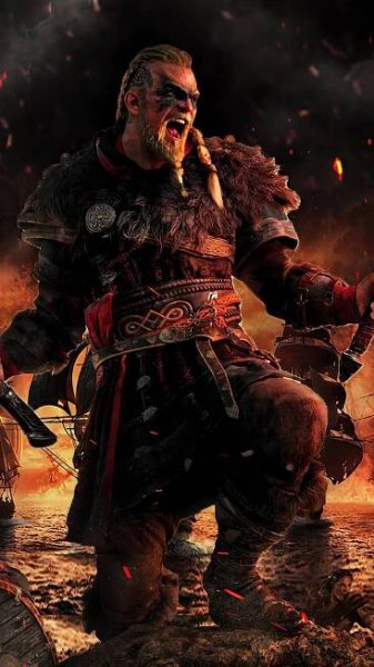 Ragnar Lothbrok in Flames - Infused with Assassin's Creed Valhalla Aesthetic 4K Wallpaper