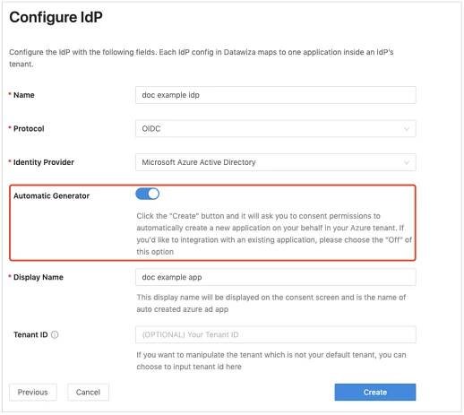 Snímek obrazovky s funkcí Automatický generátor v dialogovém okně Konfigurovat zprostředkovatele identity
