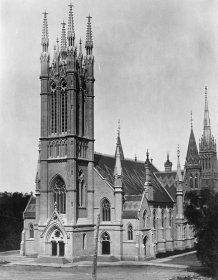 1873 - The Metropolitan Wesleyan Methodist Church at 56 Queen St E. The church was elaborately decorated and featured a patterned slate roof with iron cresting. Notice the steeple of St Michael's Cathedral Basilica in the background