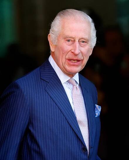 Portrait of King Charles III wearing a blue pinstripe suit.