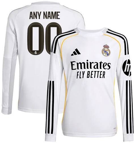 Real Madrid adidas Youth 2025/26 Home Replica Long Sleeve Custom Jersey - White