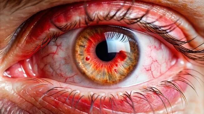 Close-up of a red, swollen, and inflamed human eye with visible white fungal growth and discharge, highlighting a severe fungal keratitis infection.