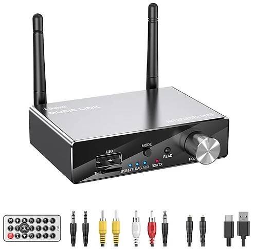 Bluetooth 5.3 audio přijímač/vysílač, RCA (Cinch), SPDIF, TOSLINK, 3,5 mm AUX + dálkové ovládání