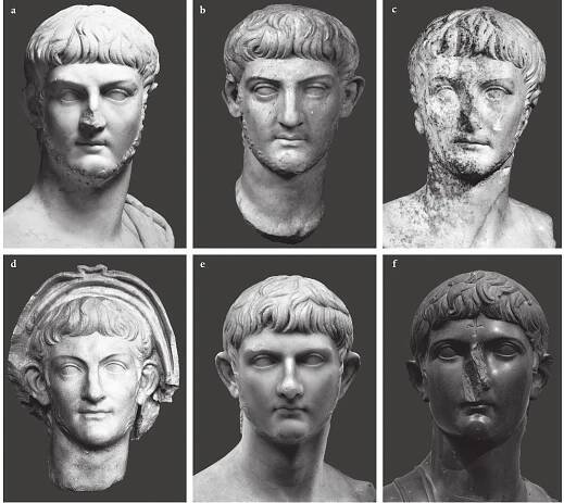 Fic. 2. Four versions of Corinth-Stuttgart type (a-d) and portraits of a related Prince (e-f). a) Stuttgart, Landesmuseum Warttemberg, inv. no. Arch 66/5 (Landesmuseum Bildarchiv_108051, photo H. Zwietasch); b) Tarragona, Museu Nacional Arqueldgic de Tarragona, inv. no. 45003 (© MNAT); c) Antequera, Municipal Museum Palacio de Najera (D-DAI-MAD-GRU-R-I-712, B. Grunewald);  d) Corinth, Archaeological Museum (photo R. R. R. Smith); e) “Elgin Germanicus”, Malibu, J. Paul Getty Museum, inv. no. 2021.66 (courtesy of the J. Paul Getty Museum); f) “Germanicus”, London, British Museum, inv. 1872,0605.1 (photo C. Raddato). 