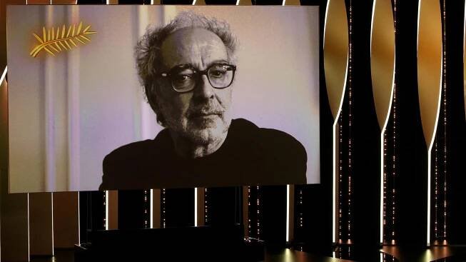 Ein Porträt von Jean-Luc Godard bei der Verleihung des Preises für sein Lebenswerk beim Filmfestival Cannes 2018.