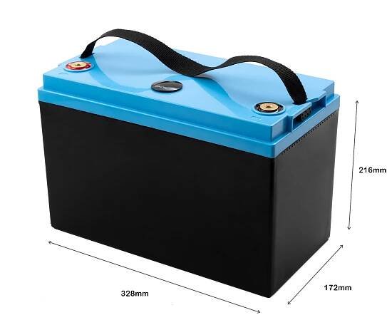 Lithium battery with blue top and black body perfect for camper vans boats and solar systems. Dimensions 328x172x216mm. Ideal energy storage solution.