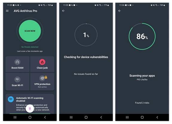Durchführung eines Antiviren-Scans mit dem kostenlosen AVG Antivirus für Android, um ein Android-Gerät auf Malware zu überprüfen.