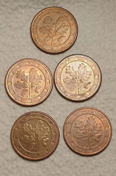 5 Euro cent,rok 2002,Nemecko, A,D,G,J,F,cena 5 ks spolu cena. - Sběratelství