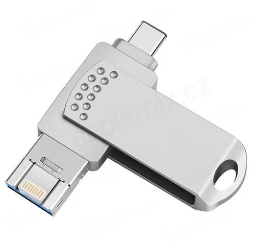 USB Flashdisk pro Apple iPhone / iPad a další zařízení - USB-A / USB-C / Lightning - kovový - stříbrný