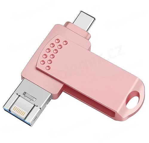 USB Flashdisk pro Apple iPhone / iPad a další zařízení - USB-A / USB-C / Lightning - kovový - 128GB - růžový