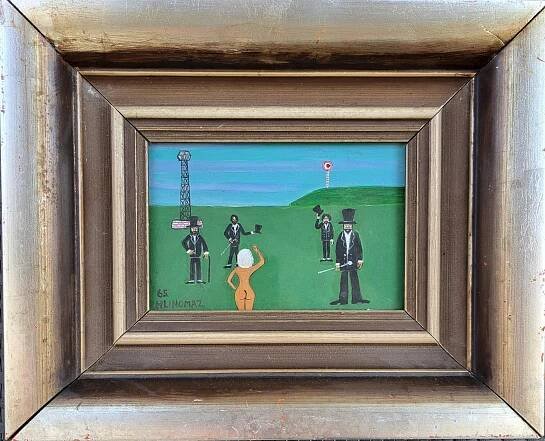 JOSEF HLINOMAZ,Blondýna a čtyři džentlmeni",olej,14x20cm,POSUDEK!!!
