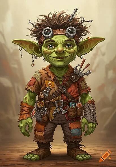 A smiling green goblin with pointy ears, goggles, messy hair, patched clothes, and tools, in an anime art style.