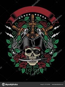 Stáhnout - Pirátská lebka Kousej dýku s růžemi a zbraněmi — Ilustrace